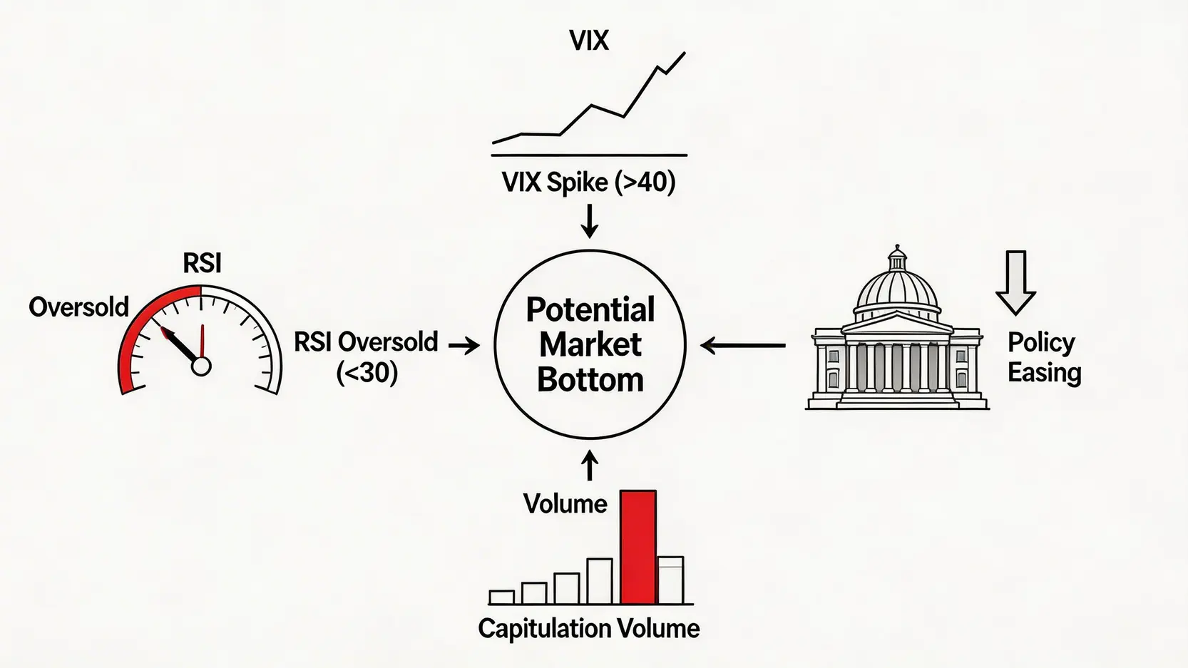 熊市撈底時機的四個關鍵市場信號示意圖,包括VIX恐慌指數、RSI、成交量和宏觀政策。