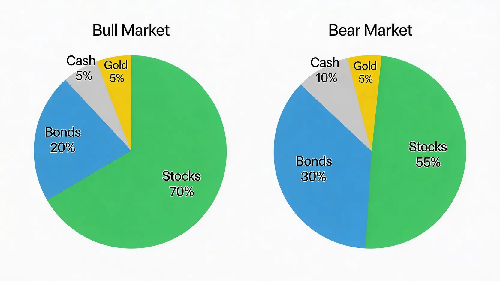 牛市與熊市資產配置對比圖,顯示熊市中應增加債券和現金等避險資產的比例。