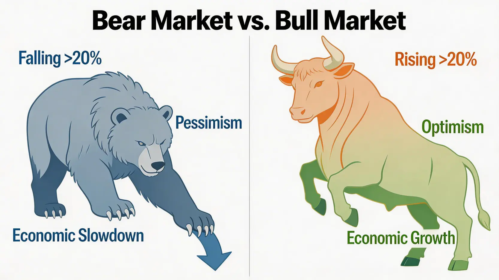 熊市與牛市的核心區別對比圖,左邊是代表下跌市場的熊,右邊是代表上漲市場的牛。