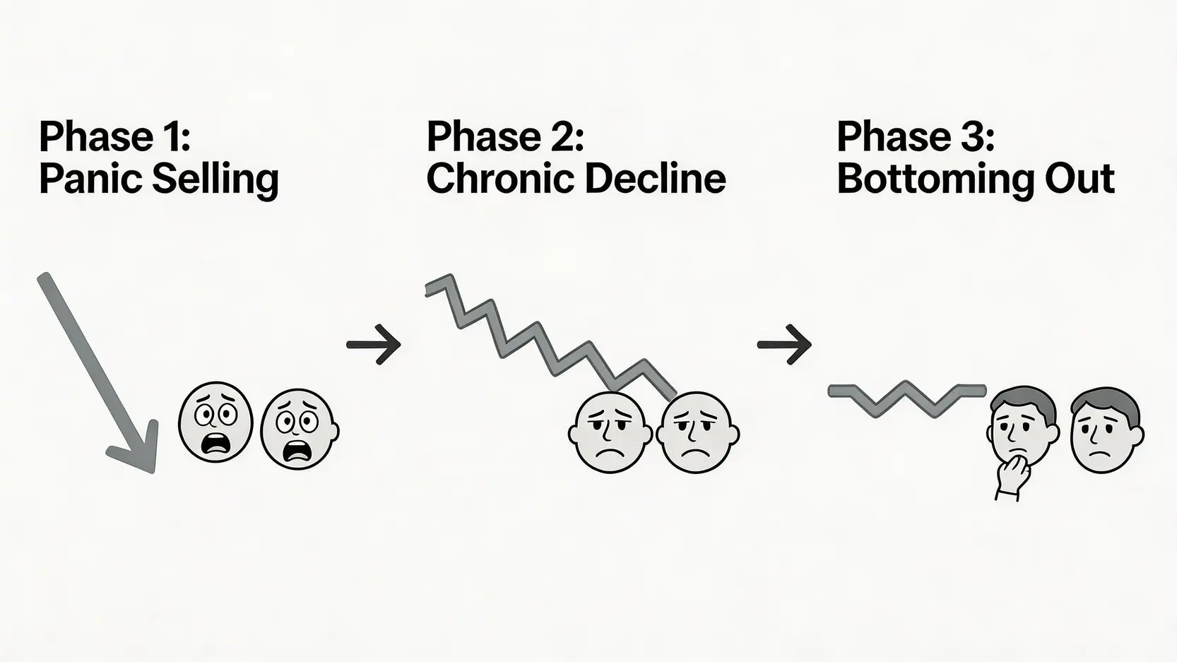熊市發展的三個階段流程圖,從第一期的恐慌殺跌,到第二期的絕望陰跌,最後是第三期的築底回穩。