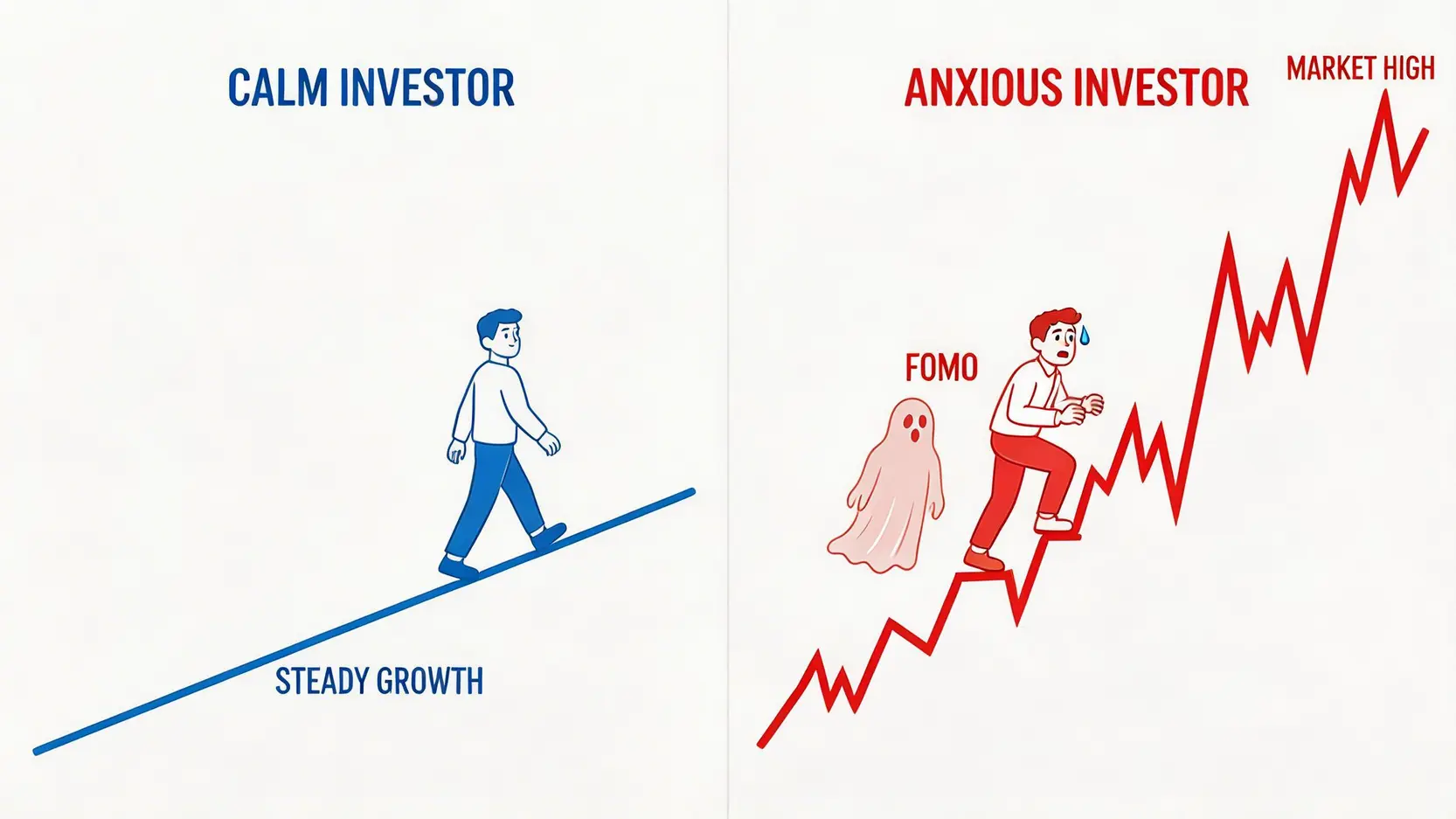 一位投資者被FOMO心魔驅使,盲目追高一隻已在頂峰的股票,旁邊是另一位理性投資者走在穩健的道路上。