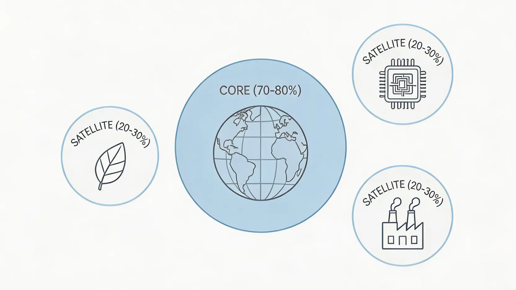 核心-衛星投資策略圖,中心是佔比大的核心資產(如指數ETF),周圍是佔比較小的衛星資產(如個別行業股票)。