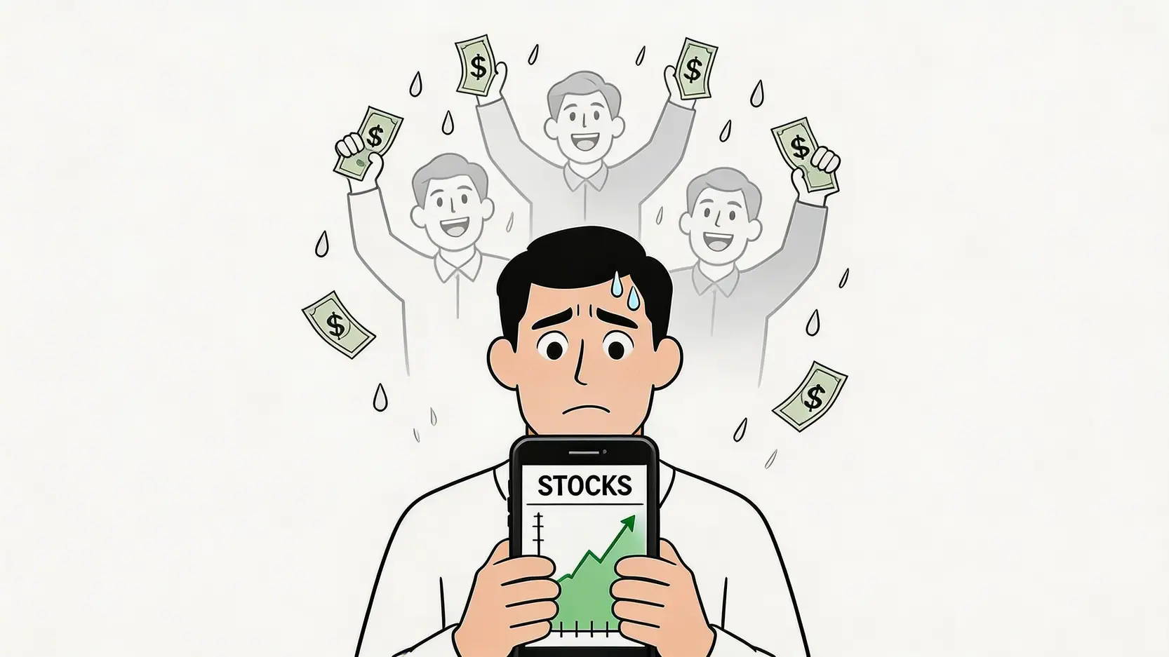 一位投資者因看到他人獲利而感到FOMO(錯失恐懼症)的焦慮概念圖。