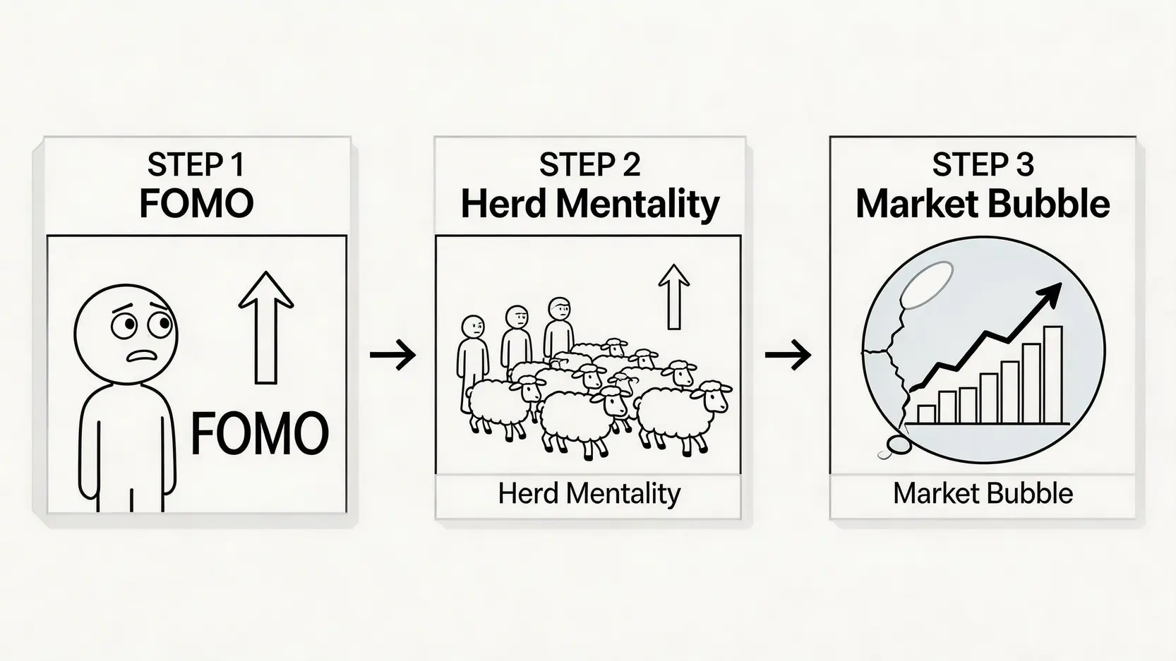 一張流程圖,展示FOMO(錯失恐懼症)如何引發羊群效應,並最終可能導致市場泡沫。