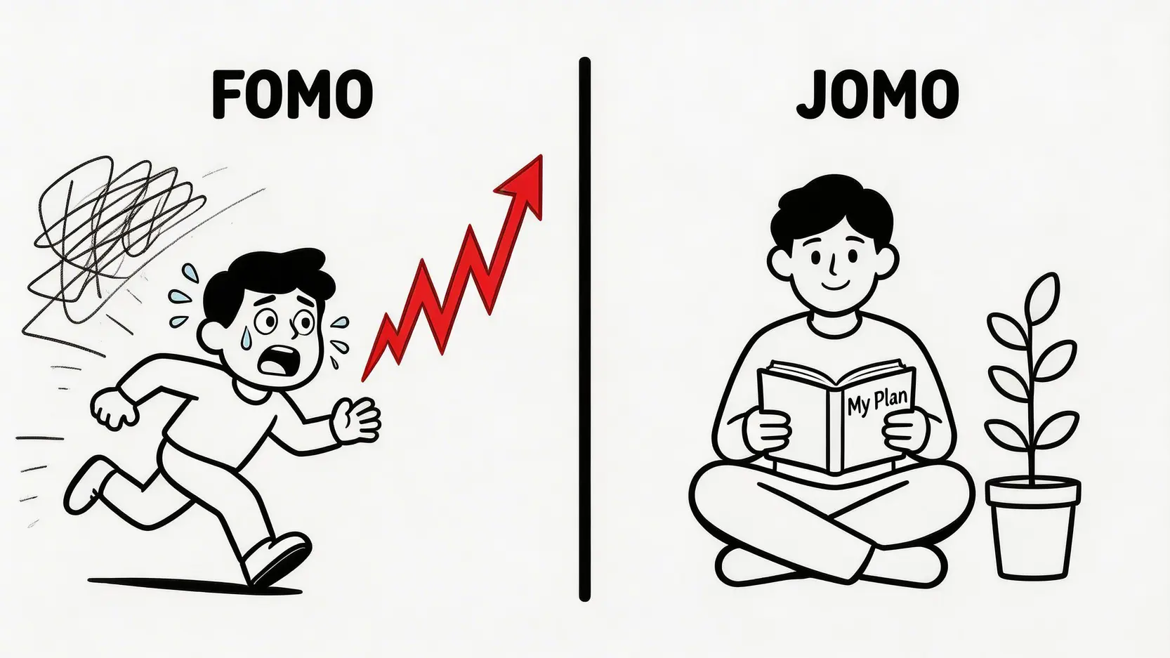 一張對比圖,比較FOMO(錯失恐懼症)的焦慮追高心態與JOMO(錯過的喜悅)的平靜紀律心態。