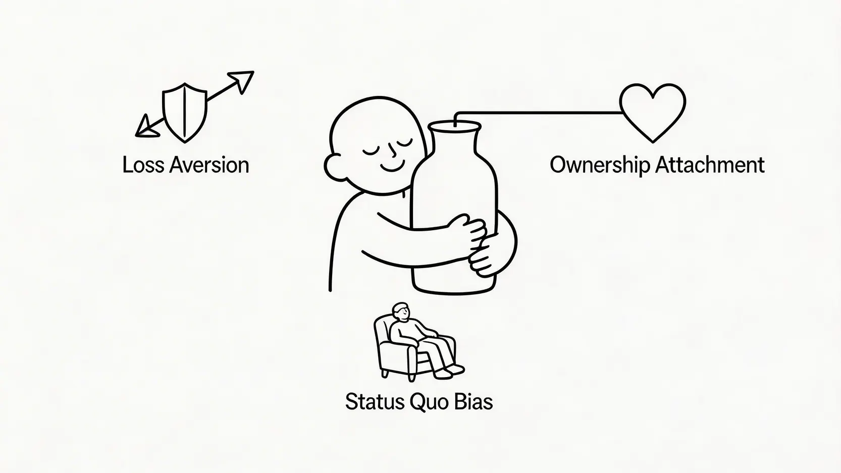 一位男子抱著一個物品,周圍環繞著代表損失厭惡、所有權依戀和現狀偏誤的圖標,解釋稟賦效應的心理成因。