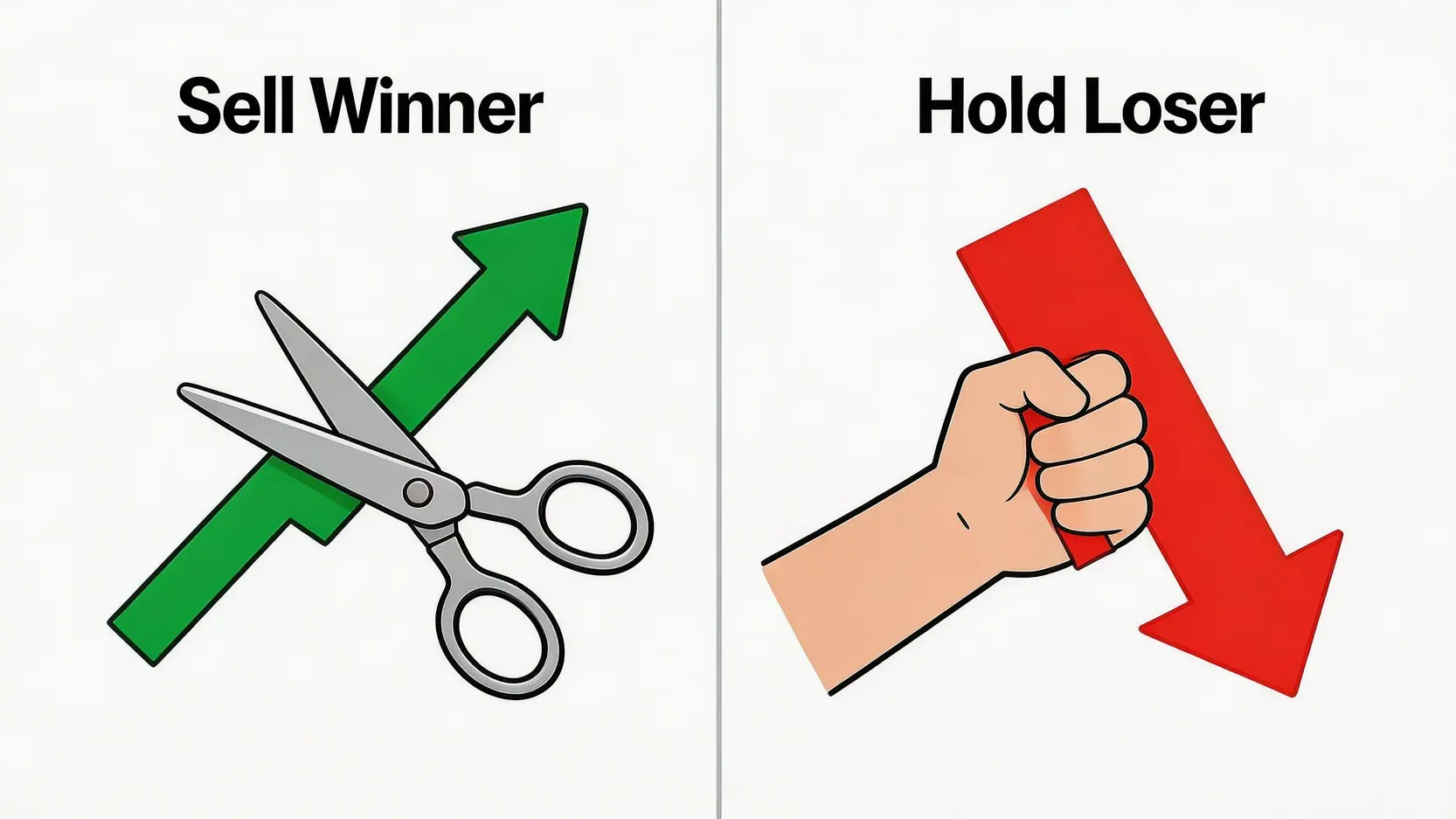 處置效應示意圖,顯示投資者剪斷正在上漲的盈利股票,卻緊抱正在下跌的虧損股票。