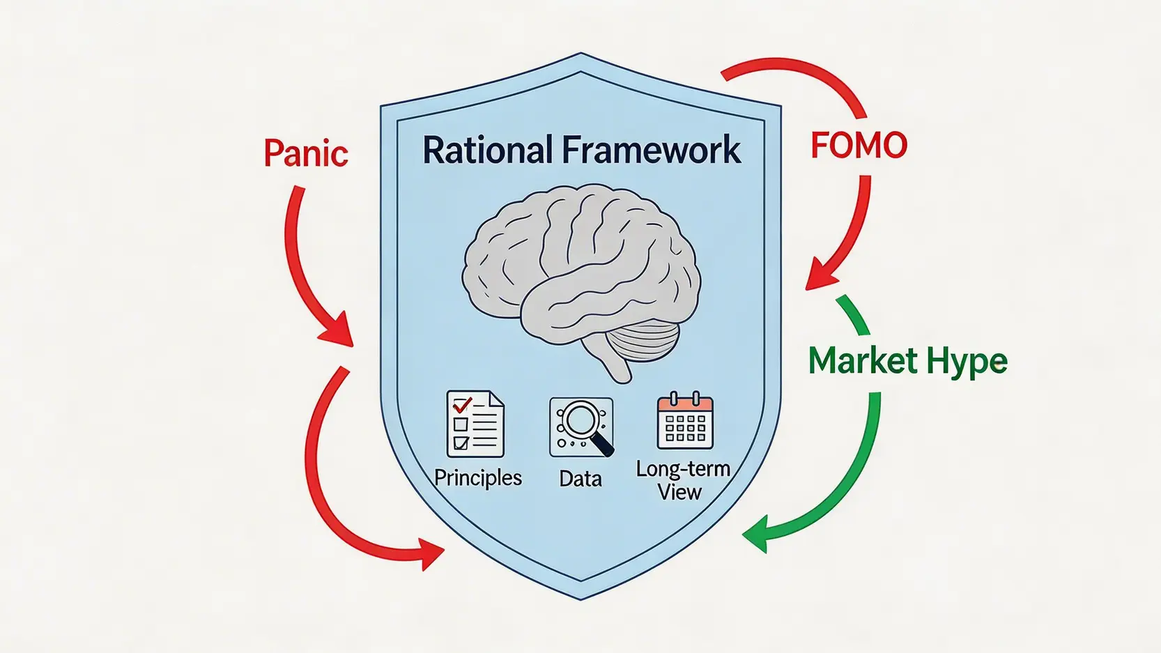 一個理性的投資決策框架示意圖,大腦被一個寫著原則、數據和長期視角的盾牌保護,抵禦市場的恐慌和炒作情緒。