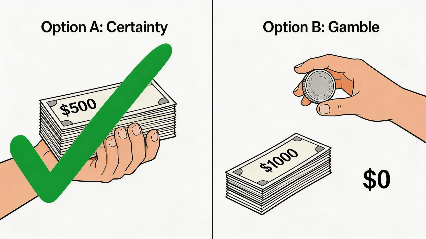 風險厭惡概念圖,展示在確定的500元和有機會贏得1000元或一無所獲的賭局之間,選擇了前者。