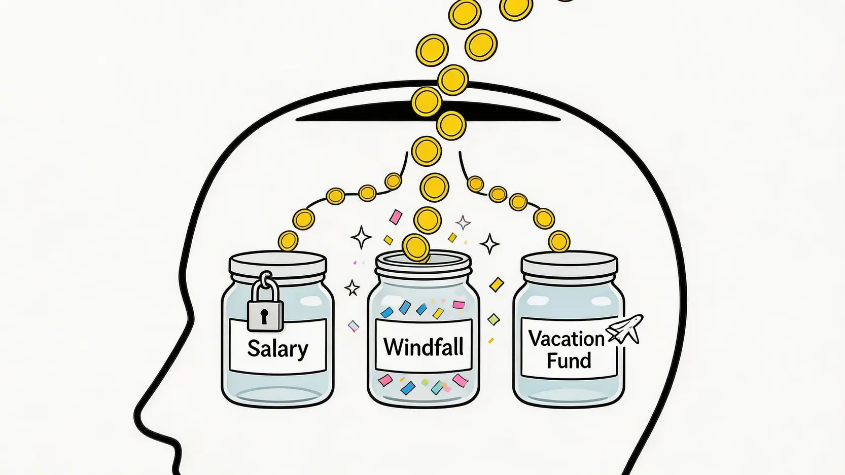 一個概念圖,展示人腦如何將金錢分成不同的心理賬戶,例如薪水、橫財和旅行基金。
