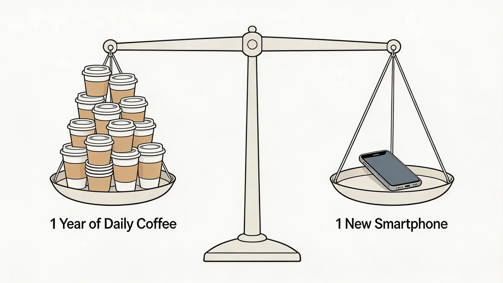 一個天秤,一邊是堆積如山的咖啡杯,另一邊是一部智能手機,兩者重量相等,說明每日小額支出累積起來的巨大影響。