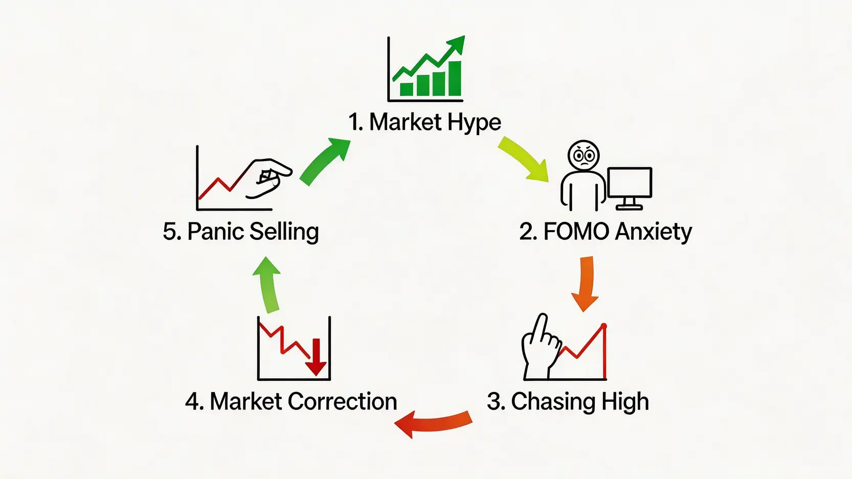 一個說明投資中從FOMO到情緒化交易的惡性循環示意圖,包含市場狂熱、產生FOMO、追高買入、市場調整和恐慌賣出五個階段。