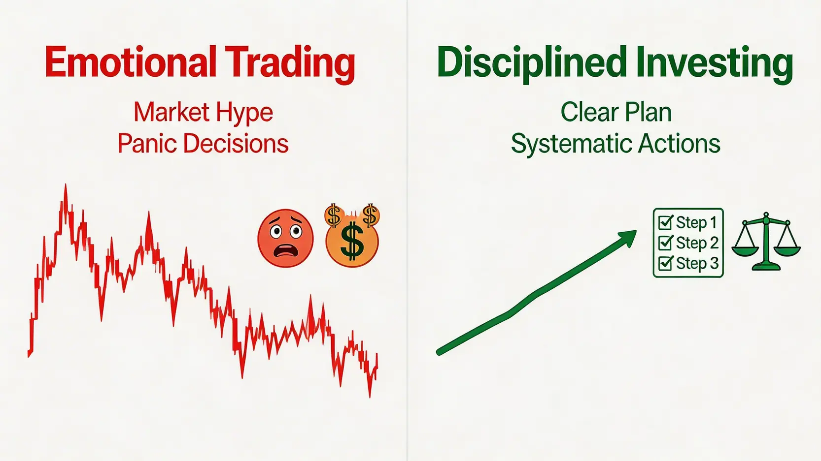 一張對比圖,左邊是代表混亂和恐懼的情緒化交易,右邊是代表計劃和理性的紀律性投資。