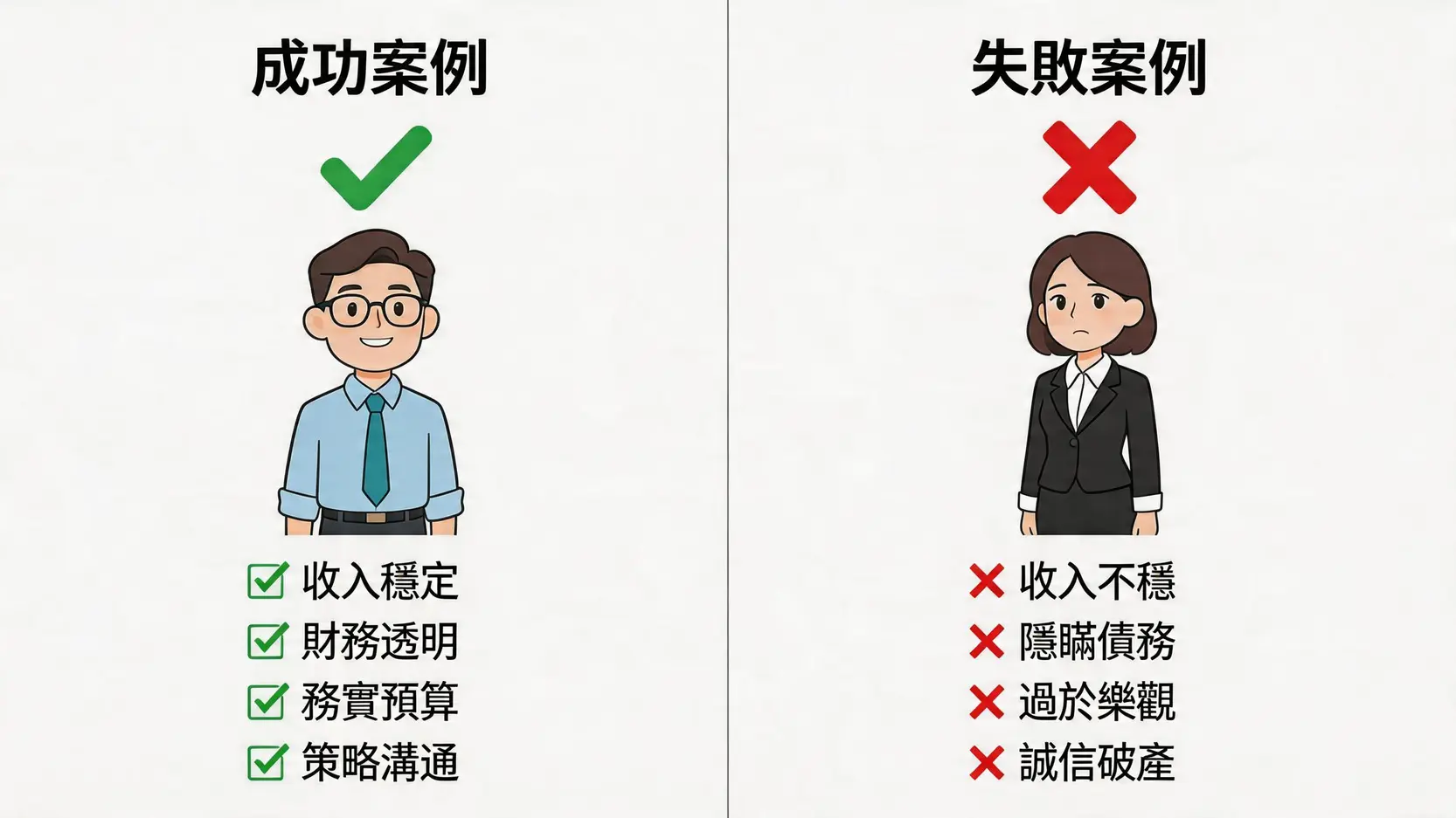 成功與失敗債務舒緩案例對比圖,展示了穩定收入和誠信是成功的關鍵,而收入不穩和隱瞞債務則導致失敗。