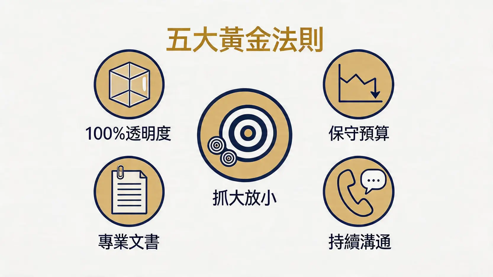 債務舒緩申請的五大黃金法則資訊圖,包括透明度、保守預算、抓大放小、專業文書和持續溝通。