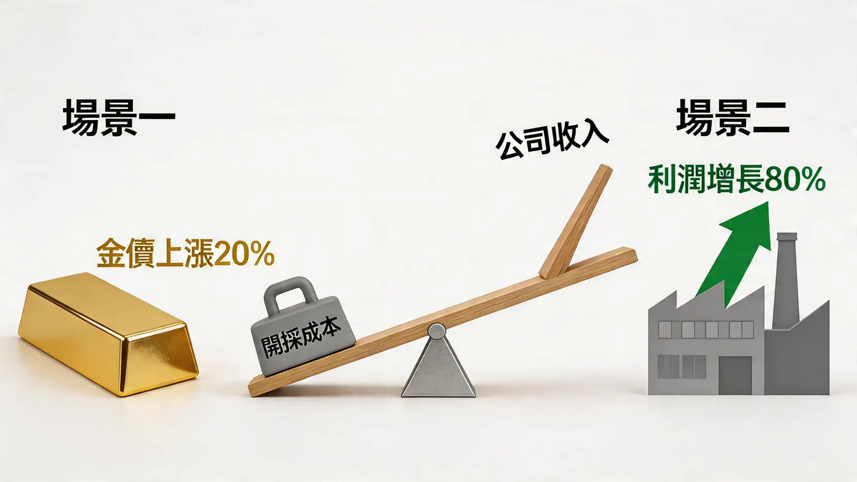 黃金股票槓桿效應示意圖,解釋固定成本如何讓金價上漲時公司利潤不成比例地大幅增長。