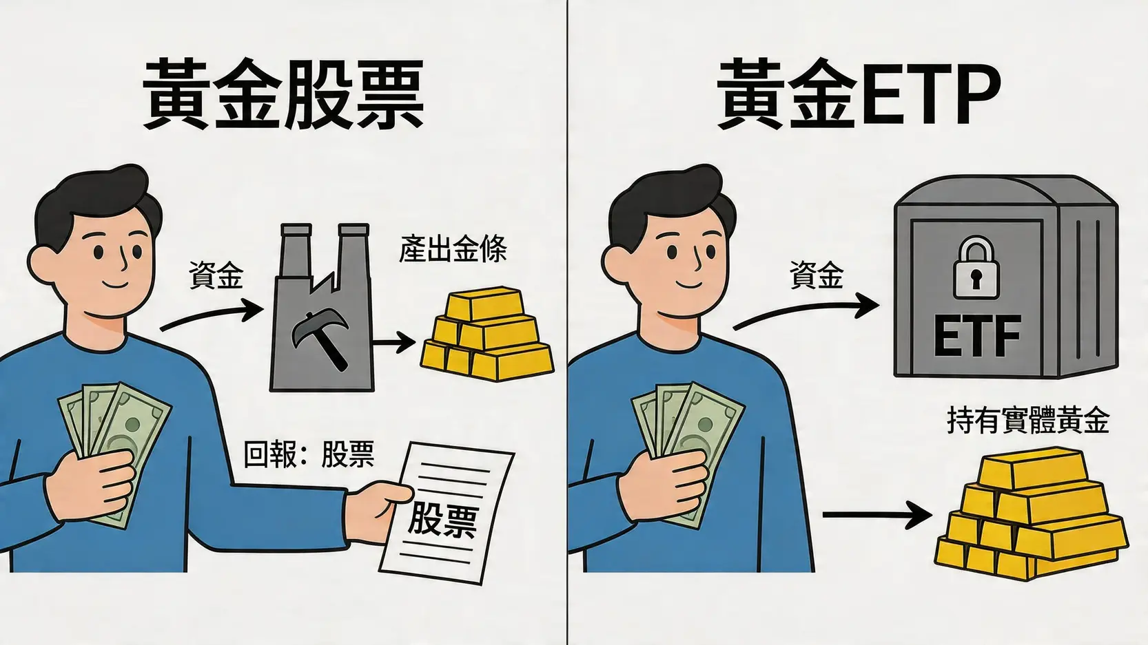黃金股票與黃金ETF的核心區別示意圖,展示投資者資金流向公司或直接流向黃金。