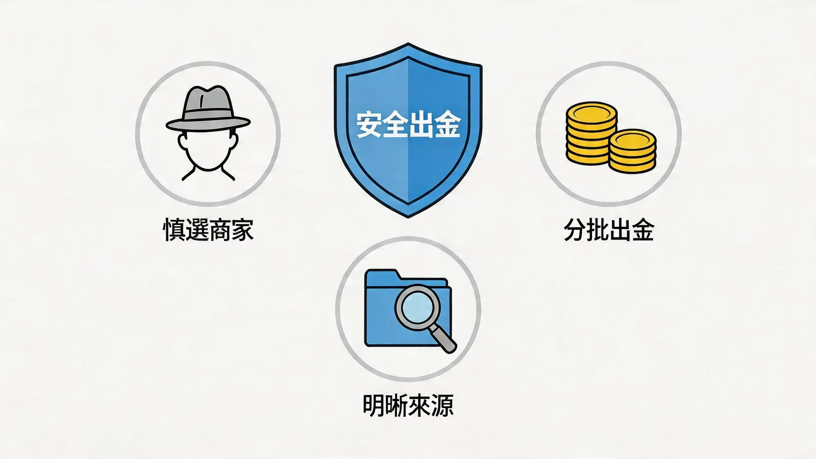 避免銀行戶口被凍結的三大安全策略示意圖:慎選C2C商家、分批出金、以及理解資金來源。