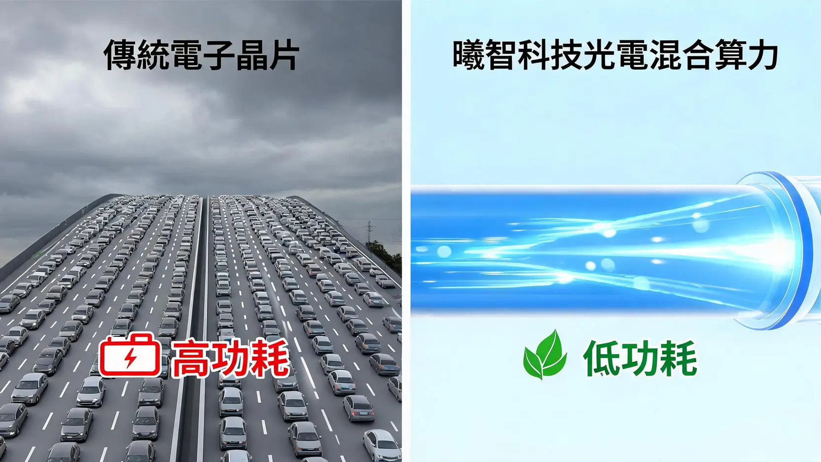 傳統電子晶片與曦智科技光電混合算力技術對比圖,展示了後者在數據傳輸速度和功耗上的優勢。
